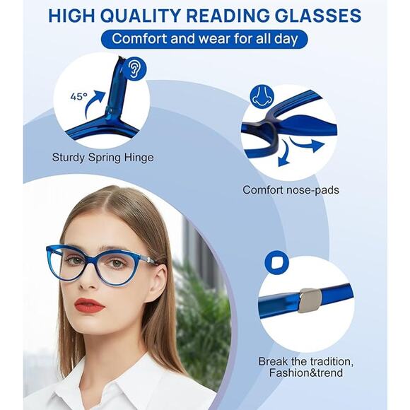 Oversized Women’s Reading Glasses +1.25 Blue Fashion Lightweight Readers - Picture 4 of 7